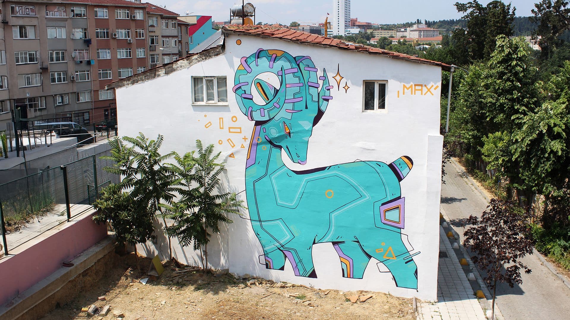 This was my first large scale mural. The stylized ram figure was imagined as merging with the surrounding trees and plants, creating a composition where nature and form coexist as one.