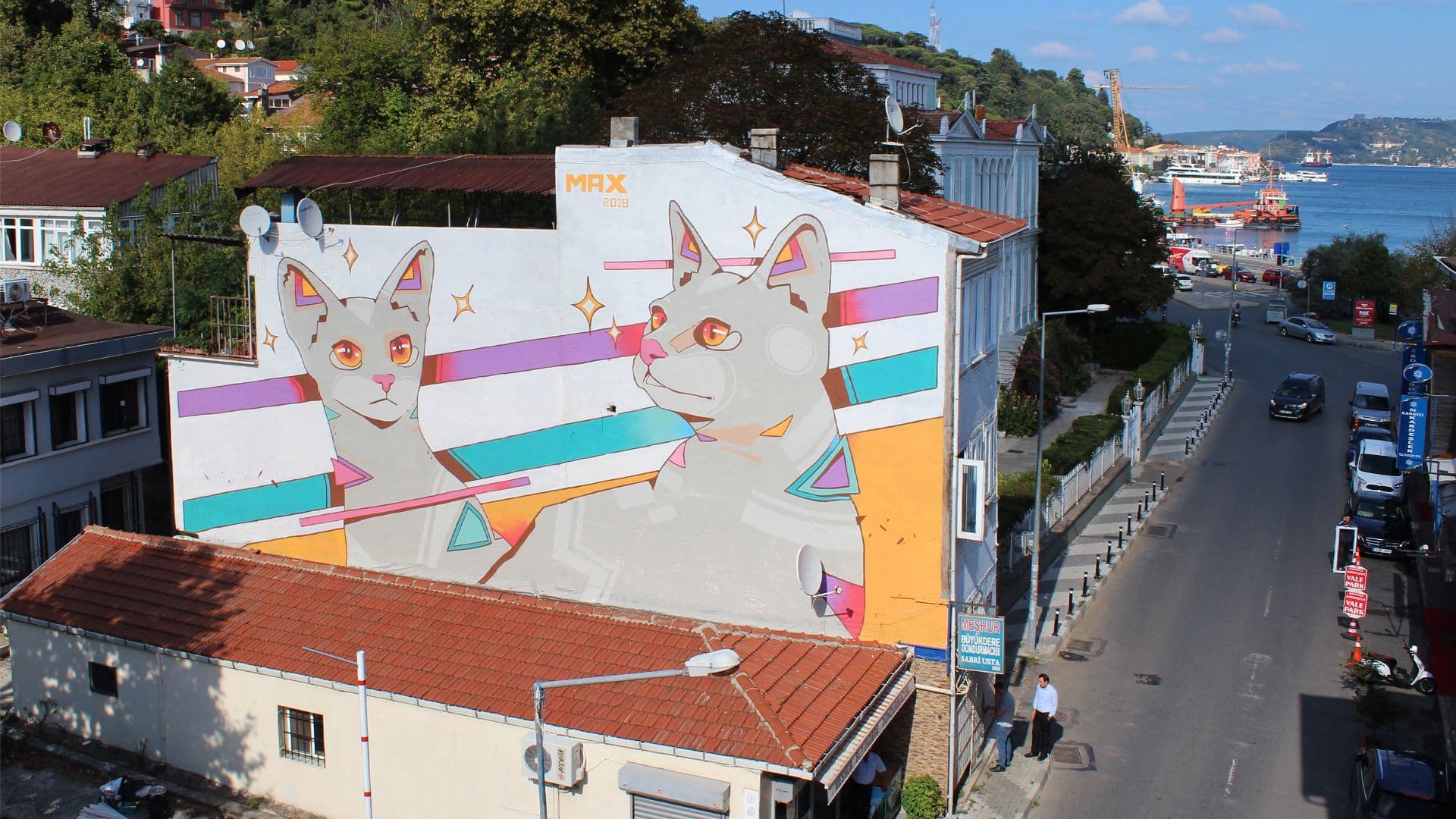 Part of the first Mural Istanbul Festival selection in Sarıyer, this work marks my second large scale mural. The design focuses on Abyssinian cats, curious creatures with large ears, captured in a fleeting moment of togetherness.